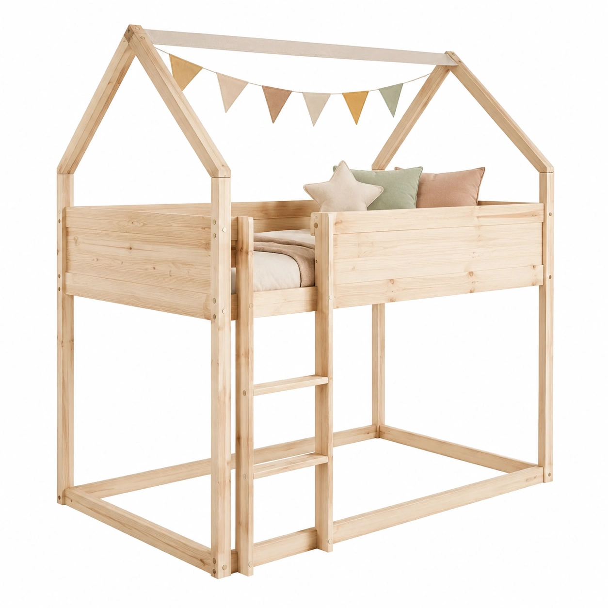 Cama Alta Infantil Tipo Casa de Madera con Escalera-oaklenza