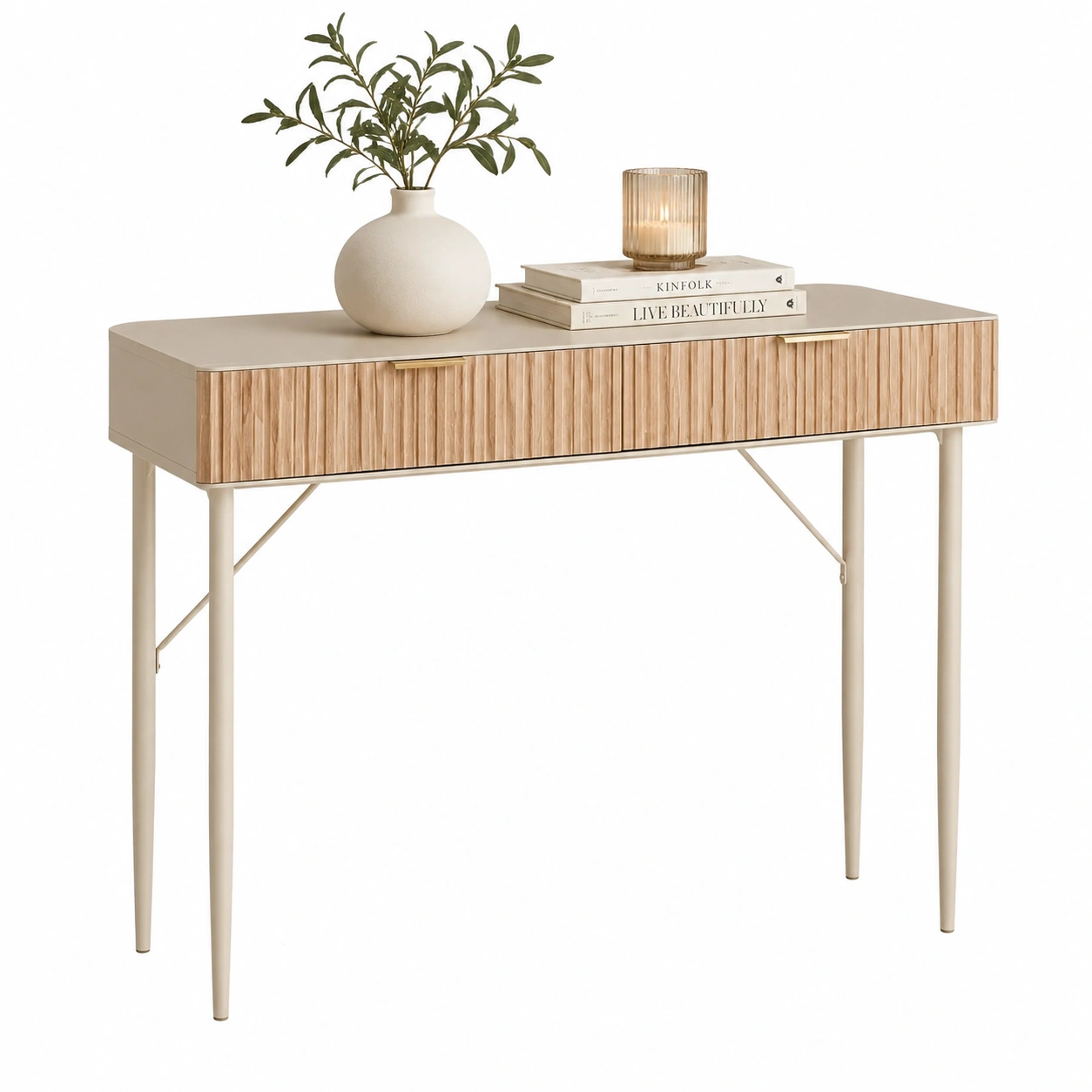 Mesa consola nordica en color beige arena con acabado listonado-oaklenza