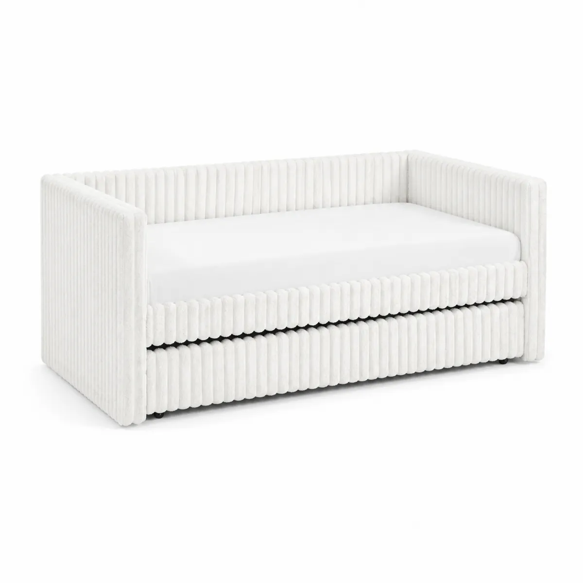 Lit banquette gigogne en bois et tissu côtelé blanc 90x190 cm