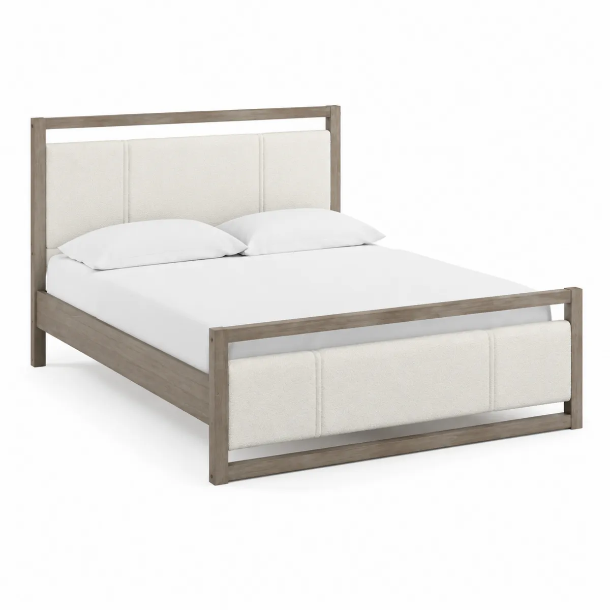Lit double en bois avec tête de lit en tissu