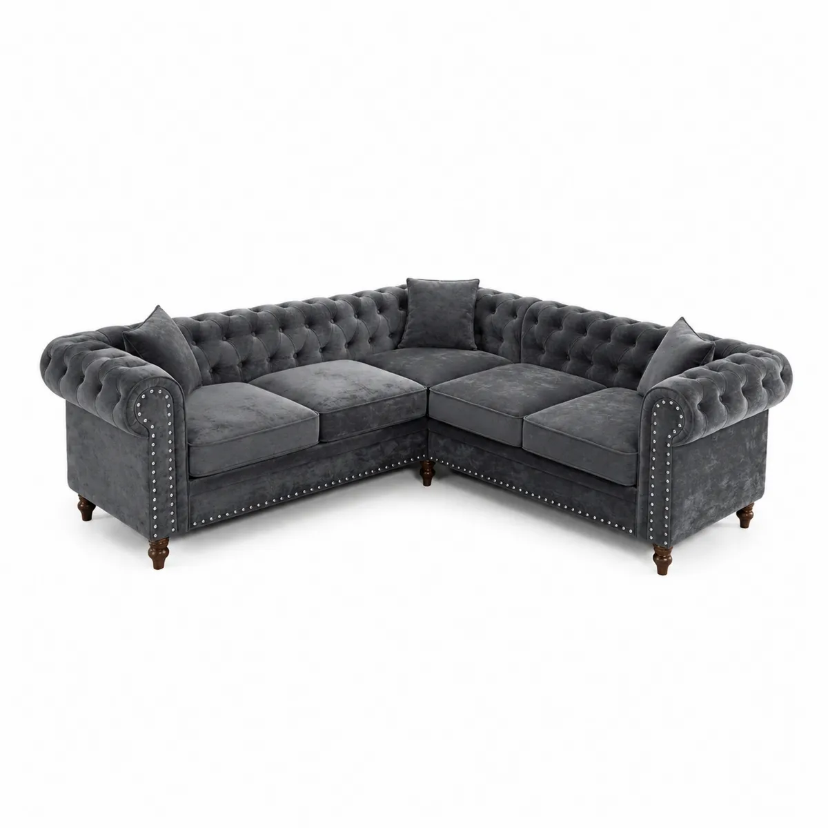 Canapé d'angle en velours gris avec pieds en bois