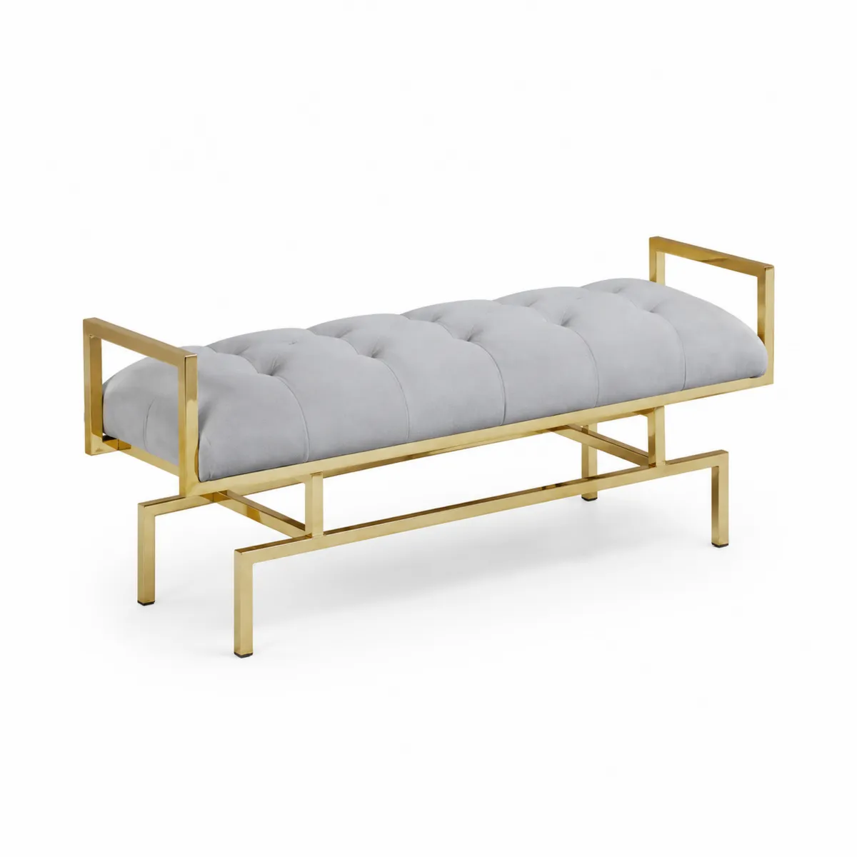 Banc rectangulaire en velours gris et métal doré
