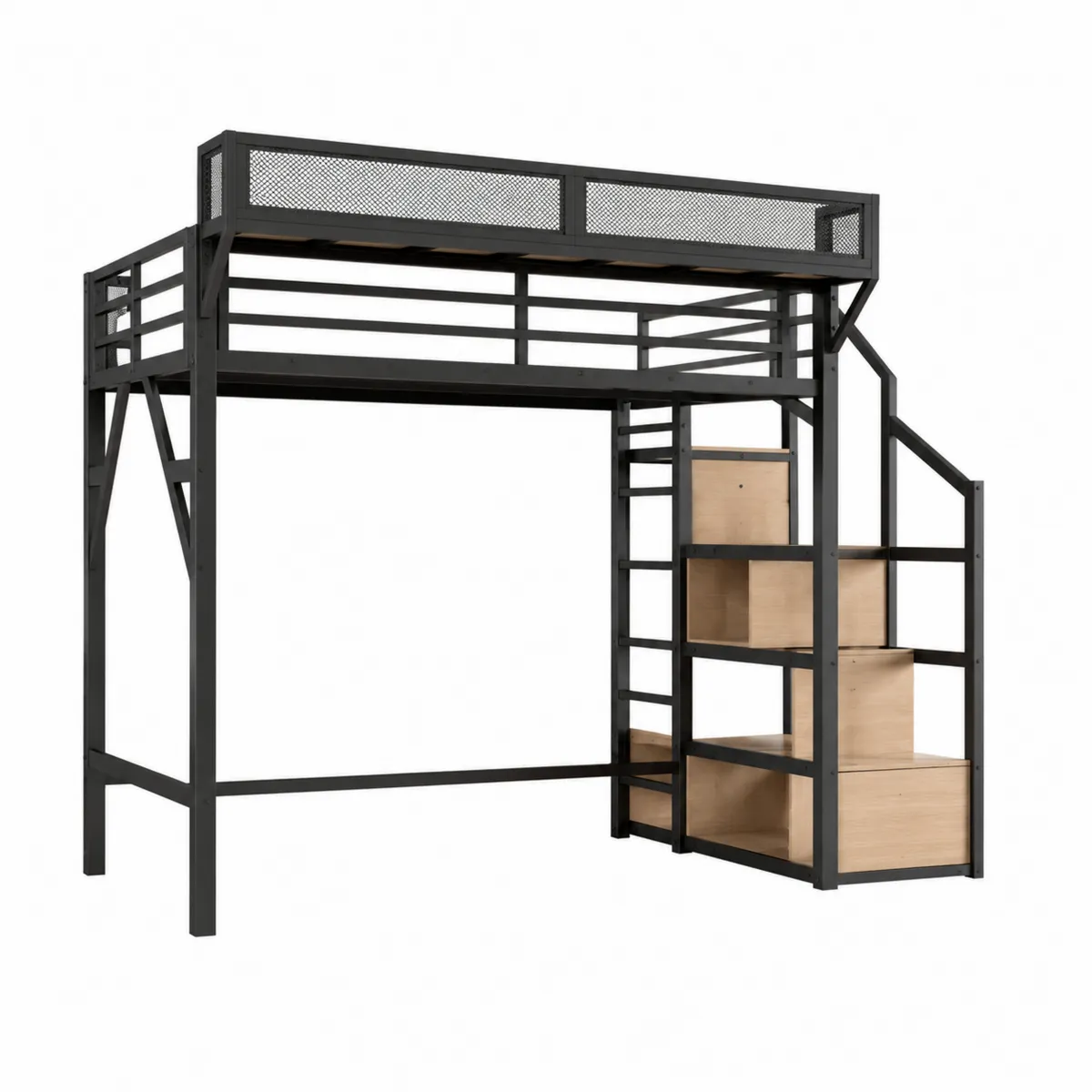 Lit mezzanine en métal avec escaliers en chêne