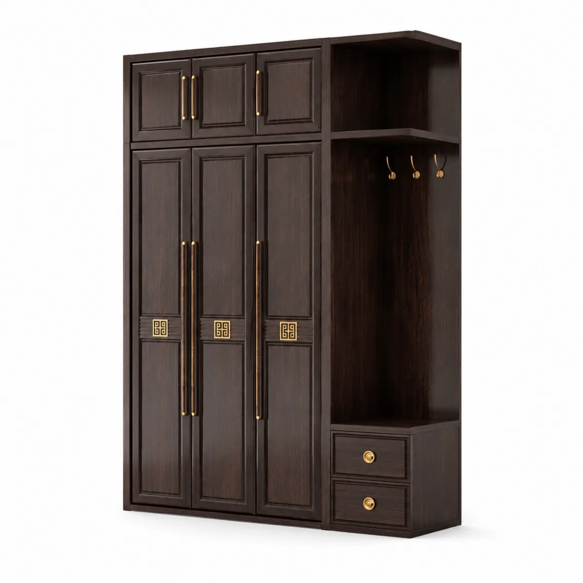 Garde-robe en bois avec porte-manteaux et tiroirs, 200 cm de haut