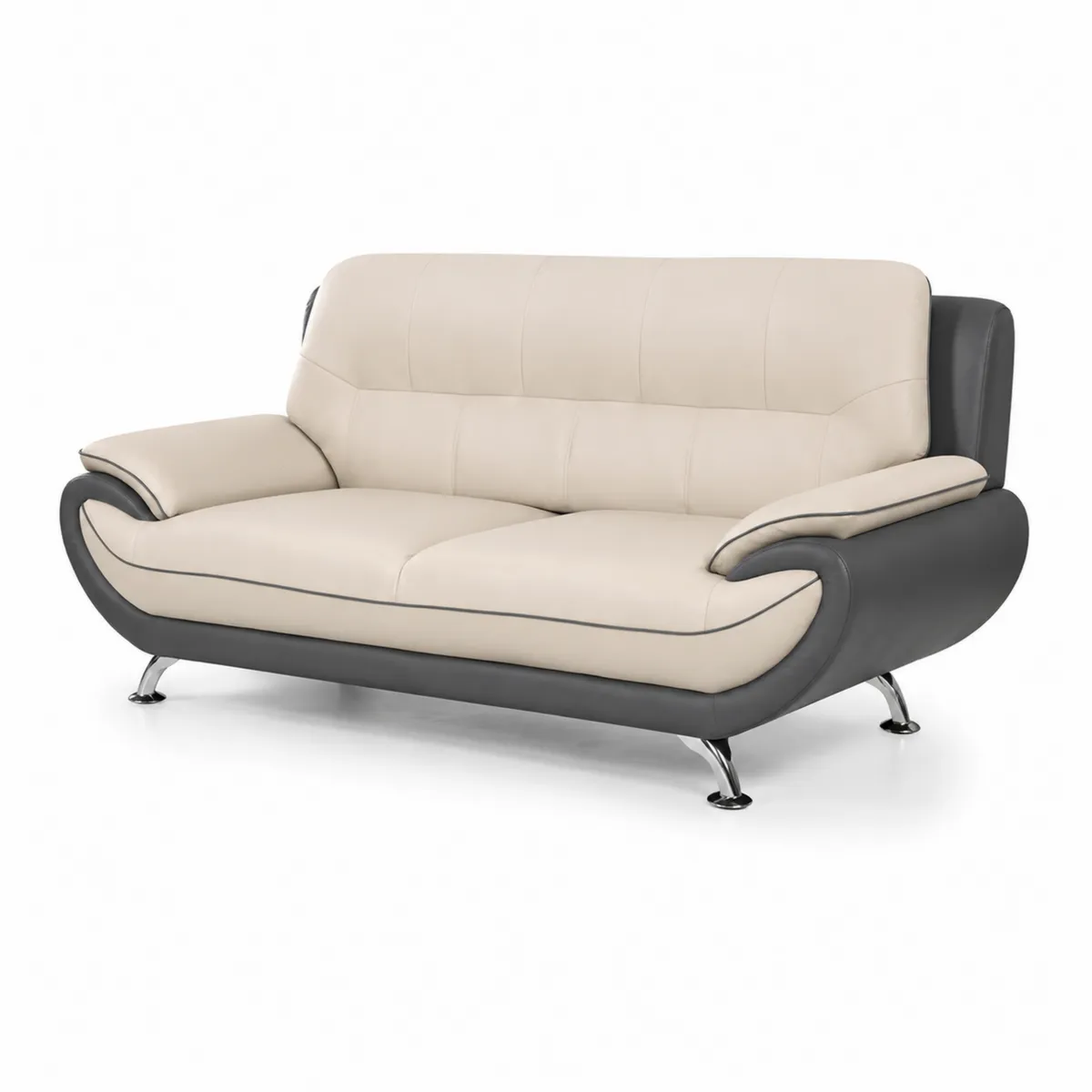 Canapé 3 places en cuir synthétique Beige et Noir avec pieds en métal chromé