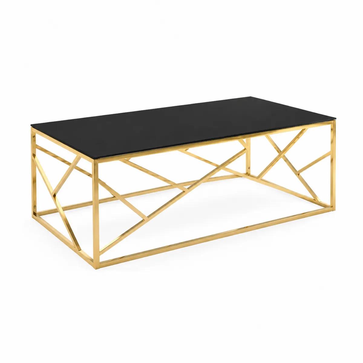 Table basse rectangulaire en verre trempé noir et cadre en acier doré 120x60x45 cm