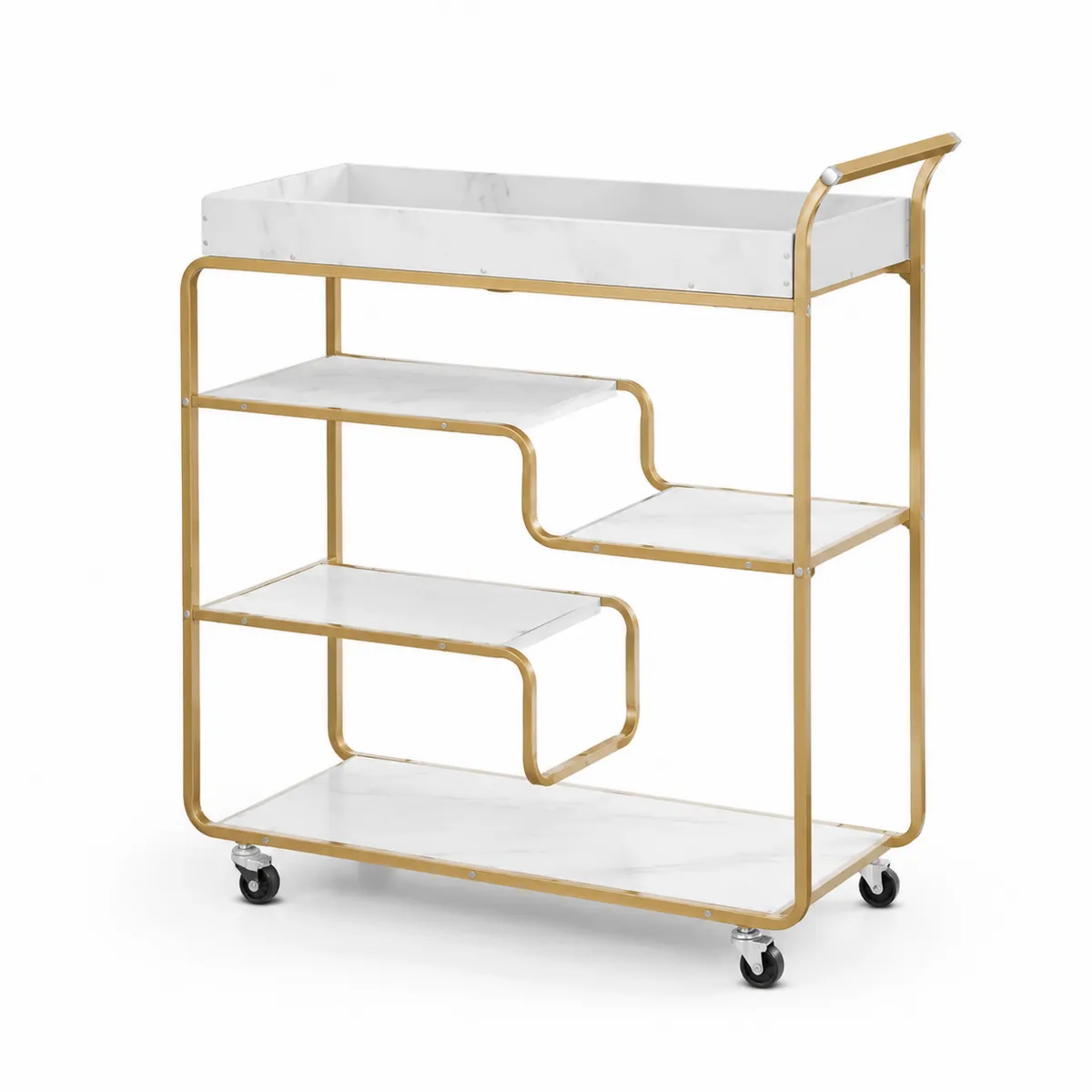 Chariot de bar en métal doré et marbre blanc, 4 étagères, roulettes