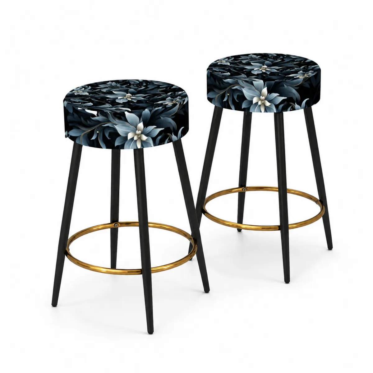 Tabouret de bar en métal Fleurs Bleu/Noir Lot de 2