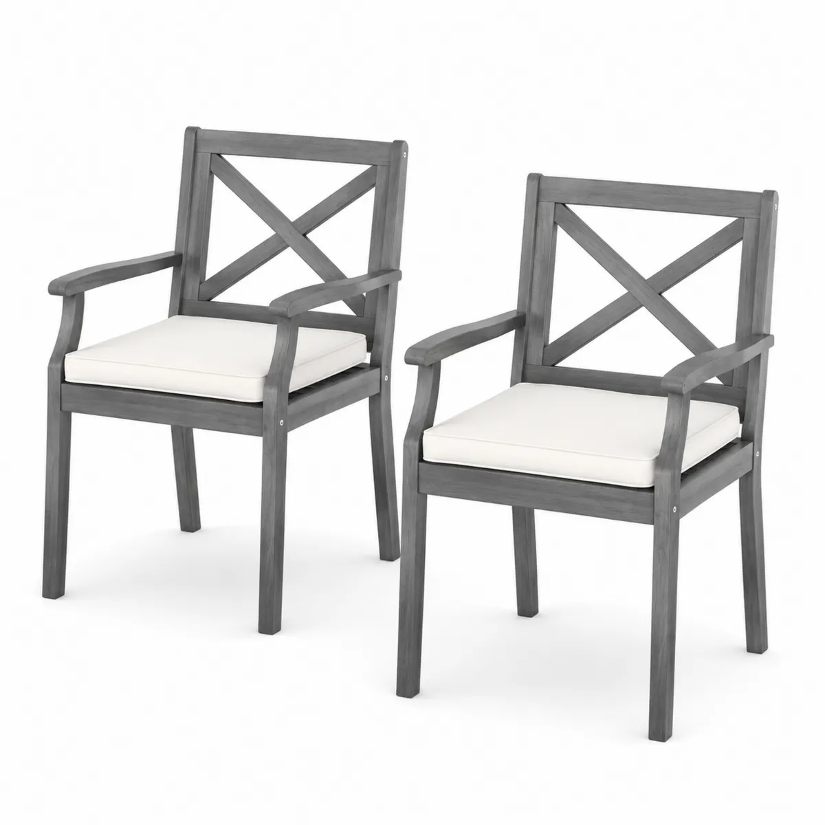 Juego de 2 sillas de jardín de madera con cojines blancos