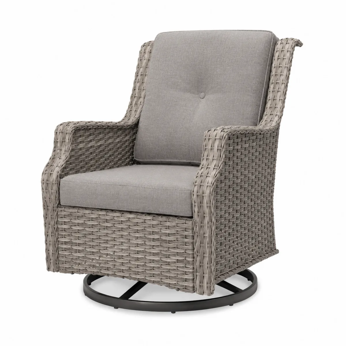 Sillón giratorio de ratán sintético gris con cojines