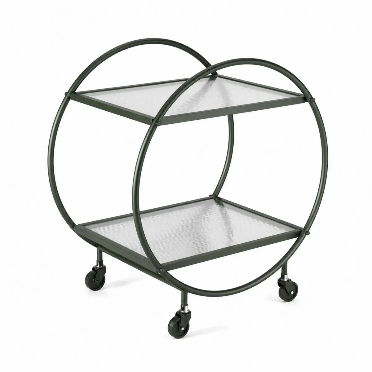 Carrito de bar redondo con estantes de vidrio templado y estructura metal en Negro