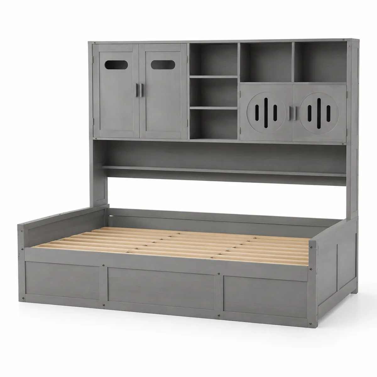 Cama de Madera con Cabecero con Almacenamiento Gris