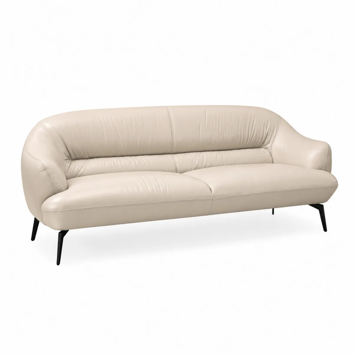 Sofá de tres plazas de piel beige con patas de acero