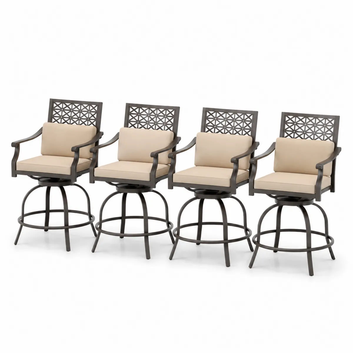 Conjunto de 4 sillas giratorias de exterior con cojines beige y estructura de aluminio