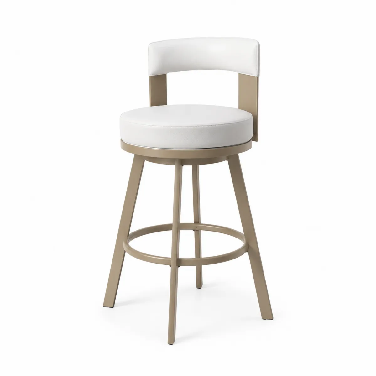 Taburete giratorio de metal con asiento de cuero sintético blanco