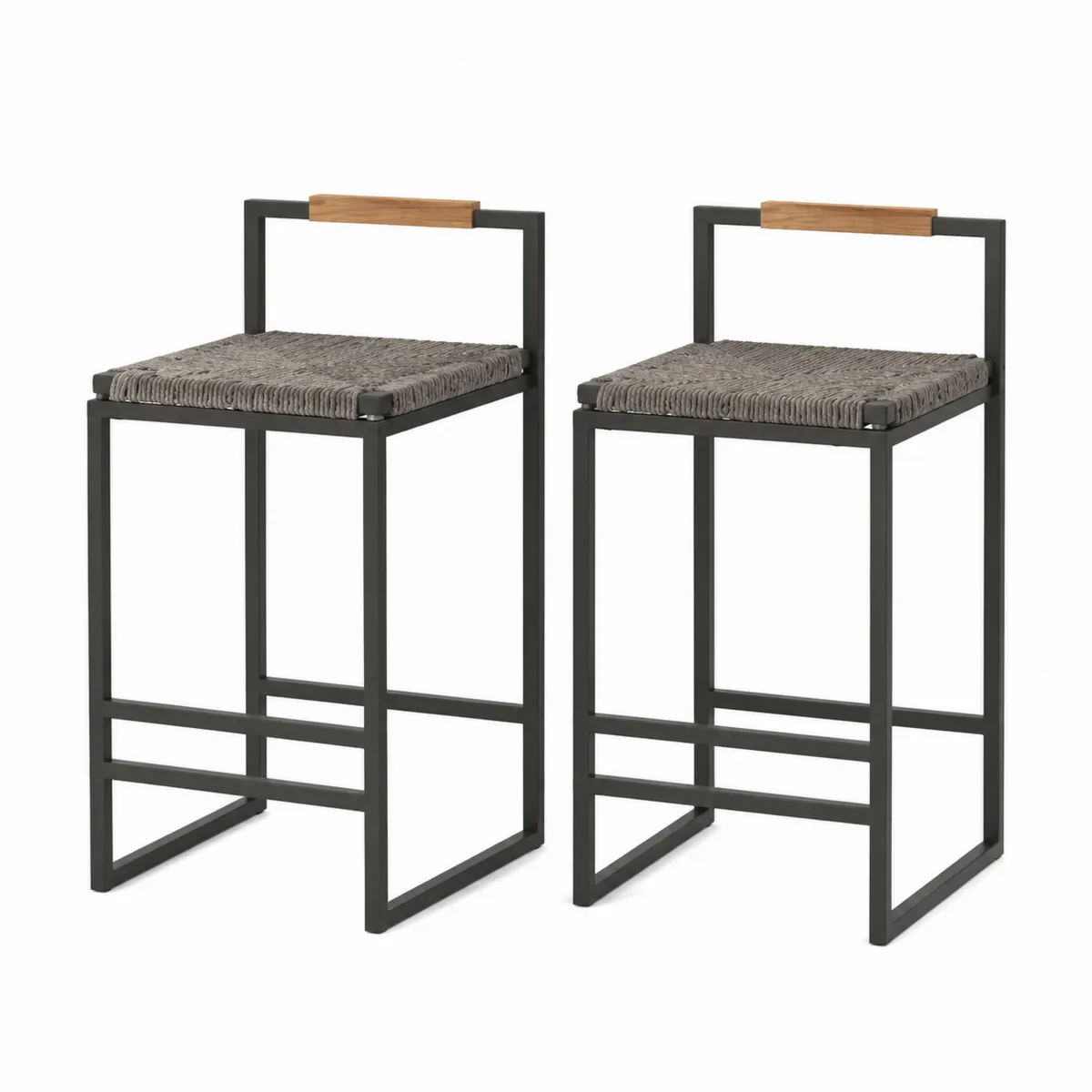 Set de 2 taburetes de acero y cuerda con respaldo de madera