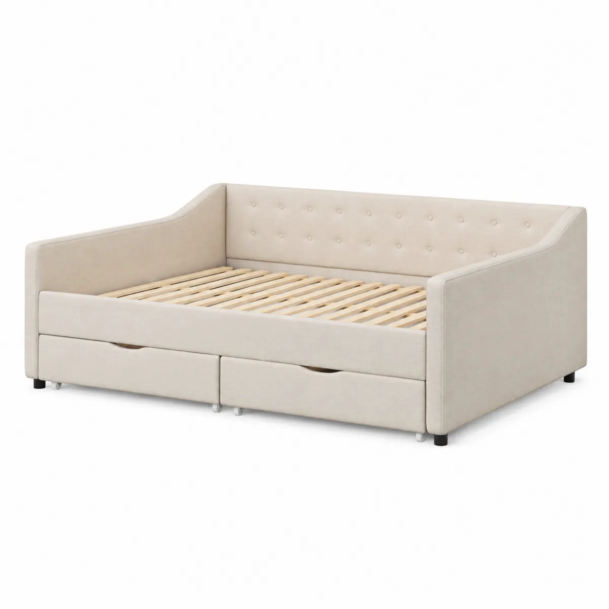 Lit de jour en tissu beige avec tiroirs 90x200 cm-Cosyvillaa