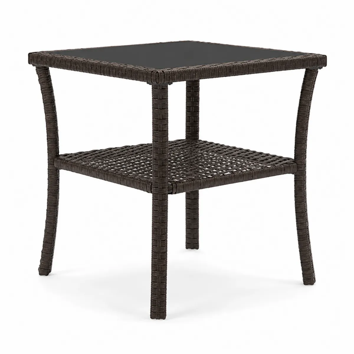 Table d'appoint en résine tressée marron avec plateau en verre trempé-Cosyvillaa