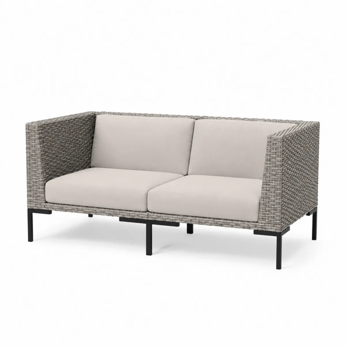 Canapé 2 places en résine tressée avec coussins en polyester beige et base en métal-Cosyvillaa