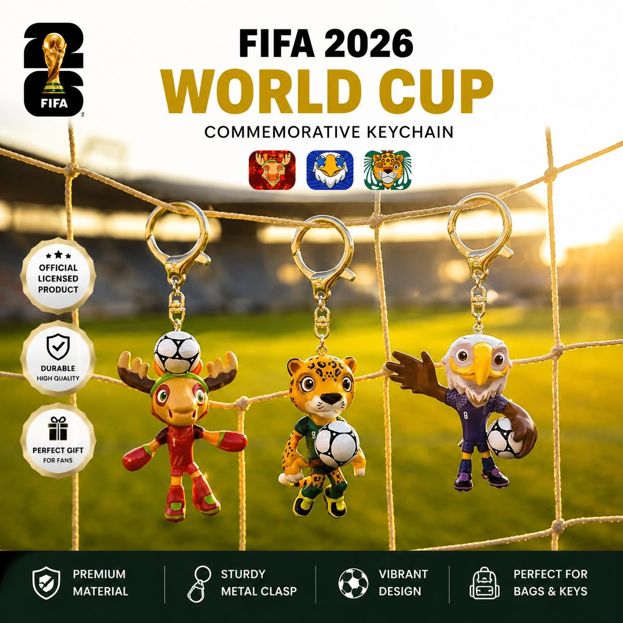 Official FIFA 2026 World Cup Mascot Keychain Collectible Key Ring Soccer Fan Gift Cute Football Mascot Pendant for Keys Backpack Purse Car Accessories Premium PVC Metal Keychain Souvenir for Men Women Kids Sports Lovers
