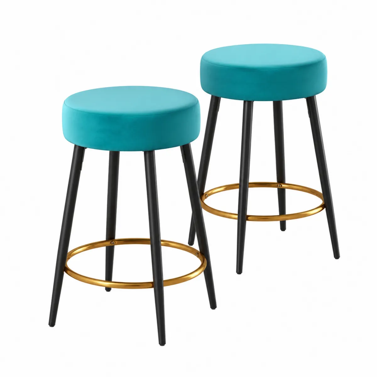 Tabourets de Bar Ensemble 2 Pièces Velours Turquoise Pieds Métal Noir 75 cm