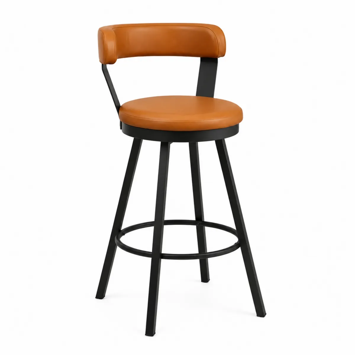 Tabouret de bar en métal noir et cuir synthétique marron pivotant
