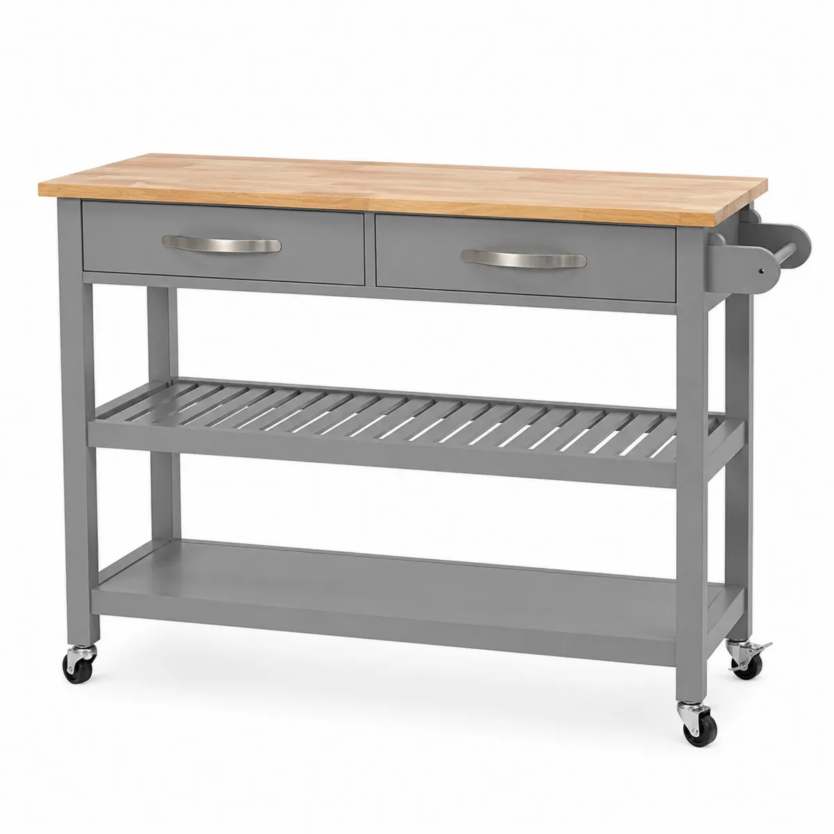 Îlot de cuisine en bois et métal avec roulettes gris