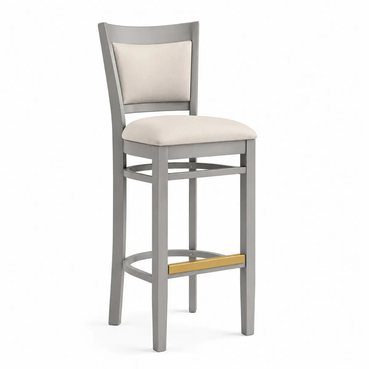 Chaise de bar en bois avec assise en tissu et repose-pieds en métal, 105 cm, Écru/Gris