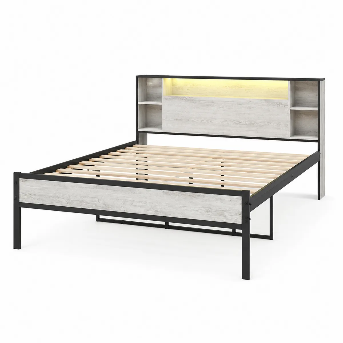 Lit avec tête de rangement 160x200 cm en bois et métal noir