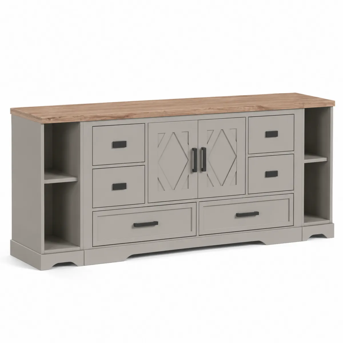 Buffet en bois composite avec portes et tiroirs Gris et Chêne 180x45x80 cm