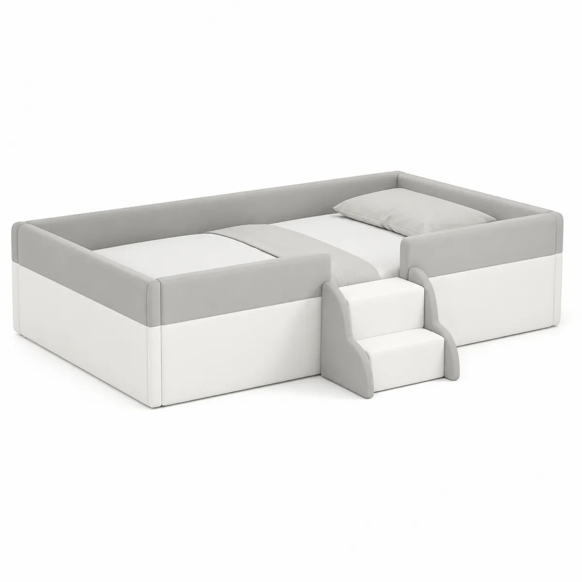 Lit pour enfant en bois avec escalier et tissu Gris/Blanc 200x90 cm