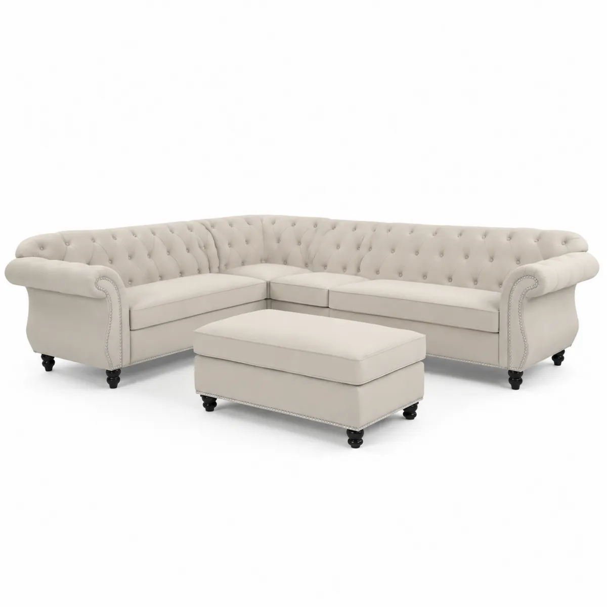 Canapé d'angle en Lin Beige avec Repose-pieds