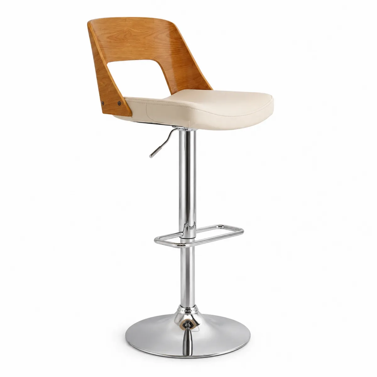 Tabouret de bar réglable en cuir PU beige et bois avec base chromée