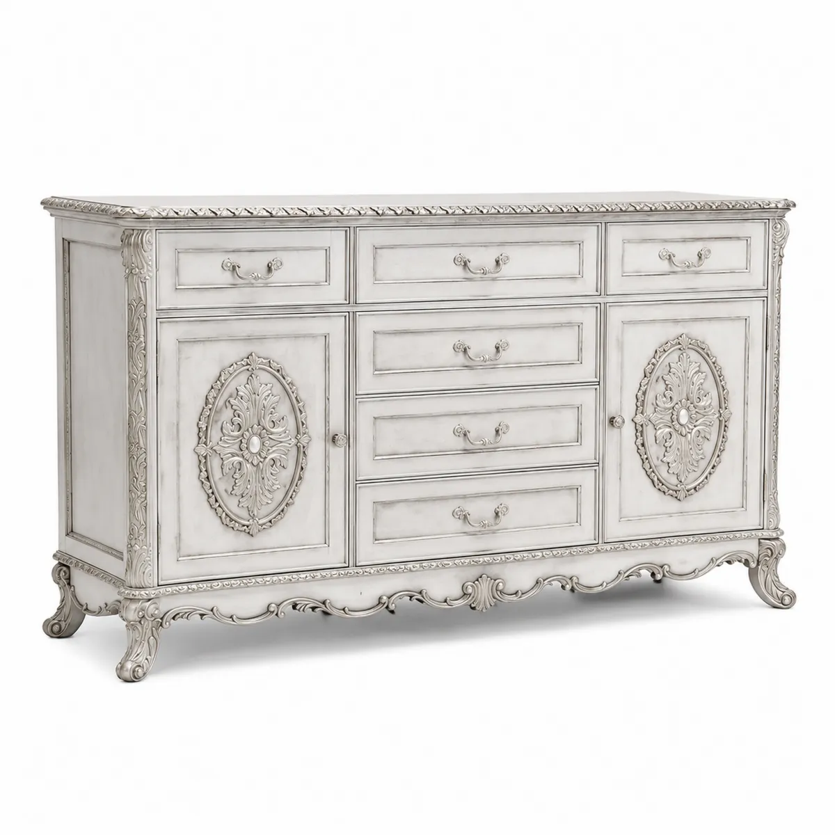 Commode en Bois avec Tiroirs et Portes Sculptées en Blanc