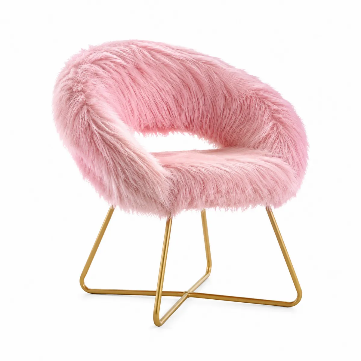 Chaise en fausse fourrure rose avec structure métallique dorée