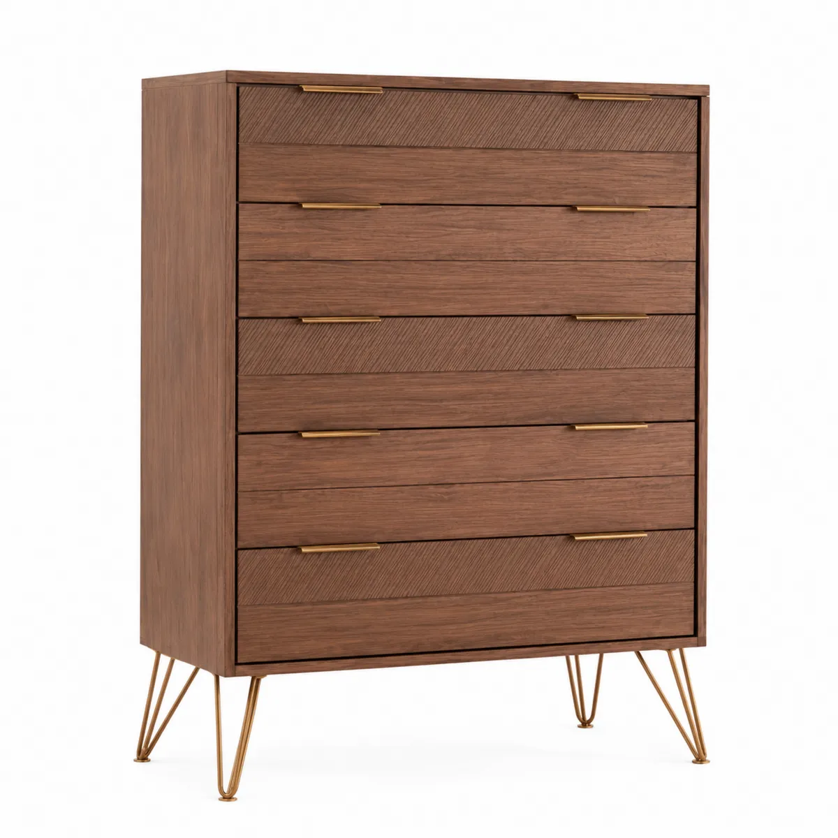 Commode en bois avec 5 tiroirs et pieds métalliques marron et doré