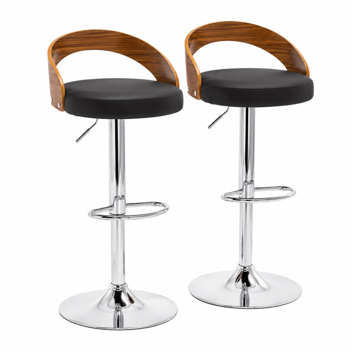 Lot de 2 tabourets de bar réglables en cuir synthétique noir et bois courbé
