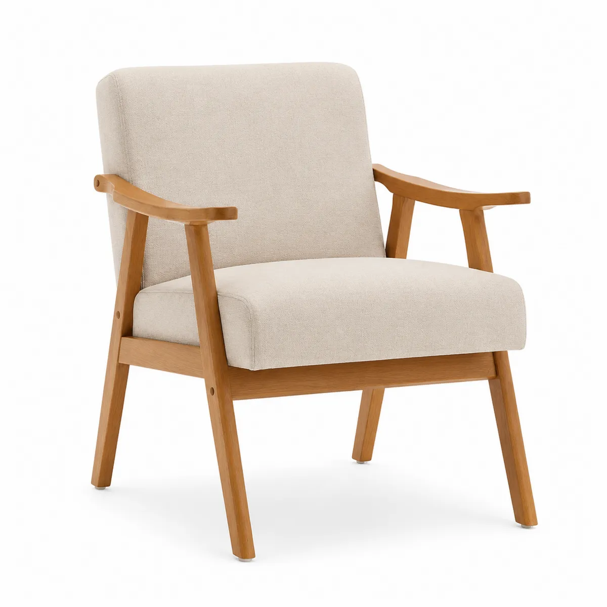 Fauteuil en tissu beige avec cadre en bois