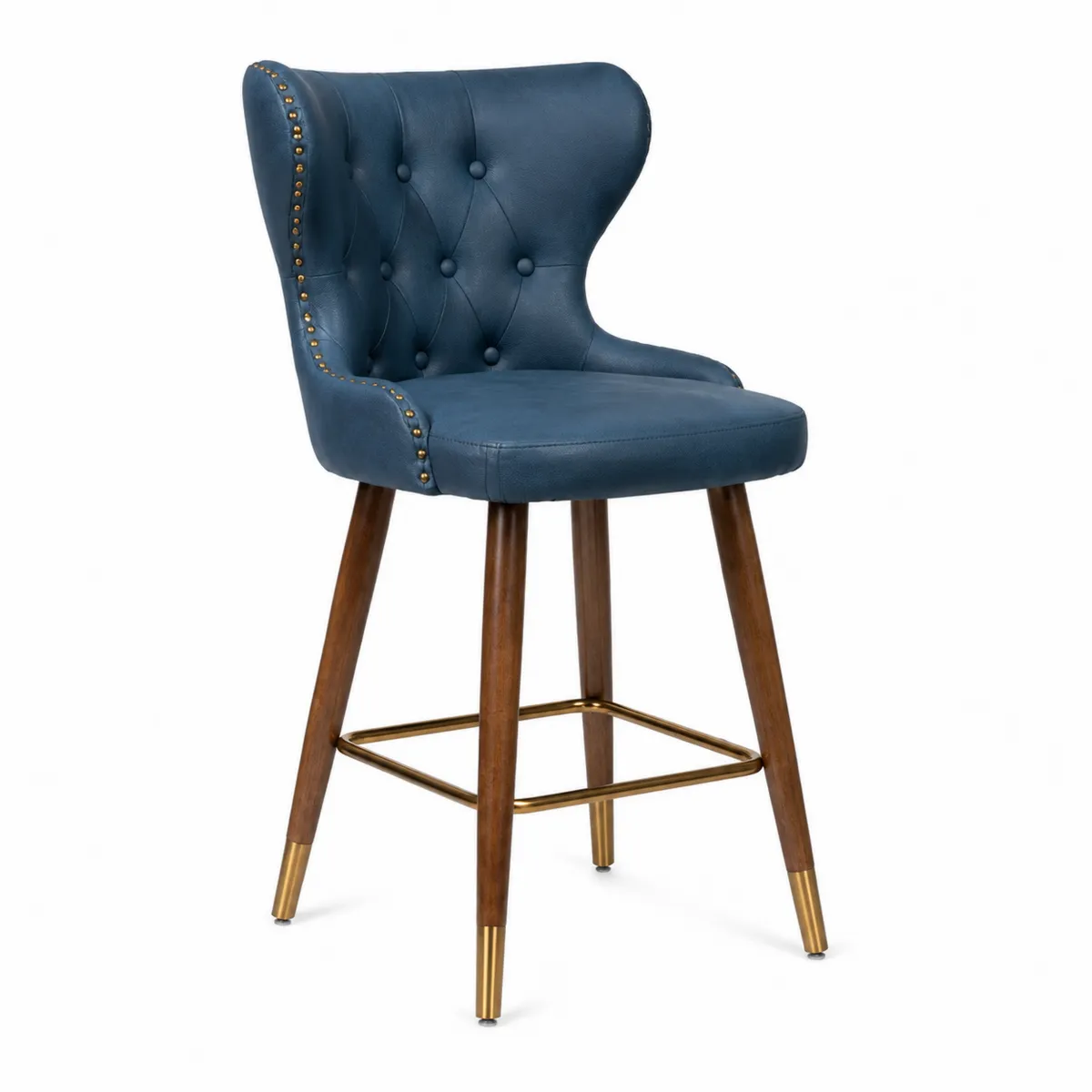 Tabouret de bar en cuir bleu avec pieds en bois
