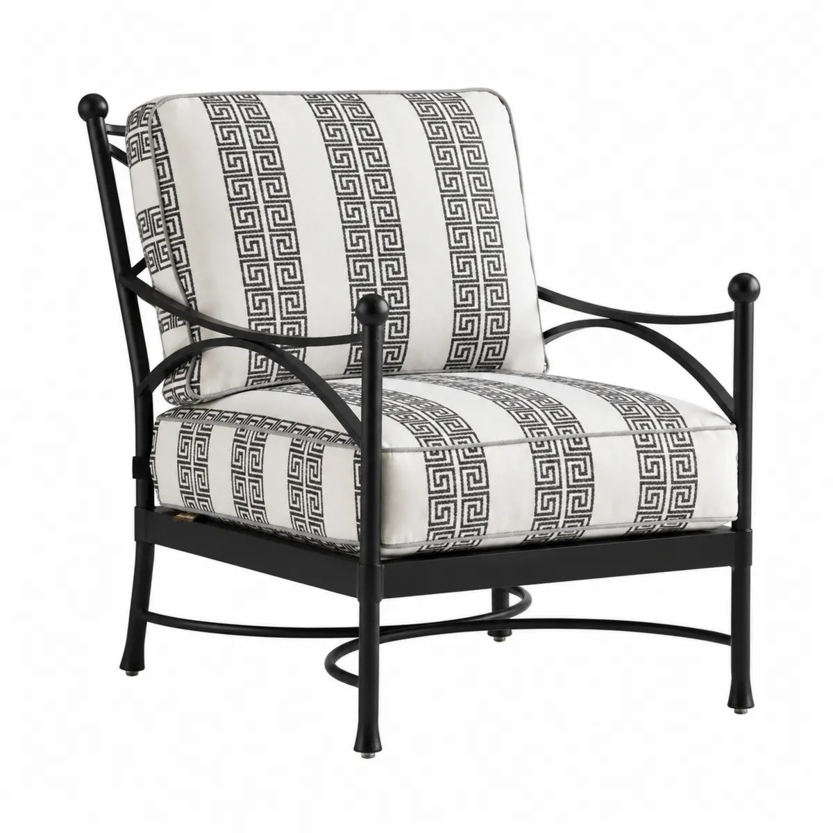 Fauteuil de jardin en métal noir avec coussins en polyester motifs géométriques
