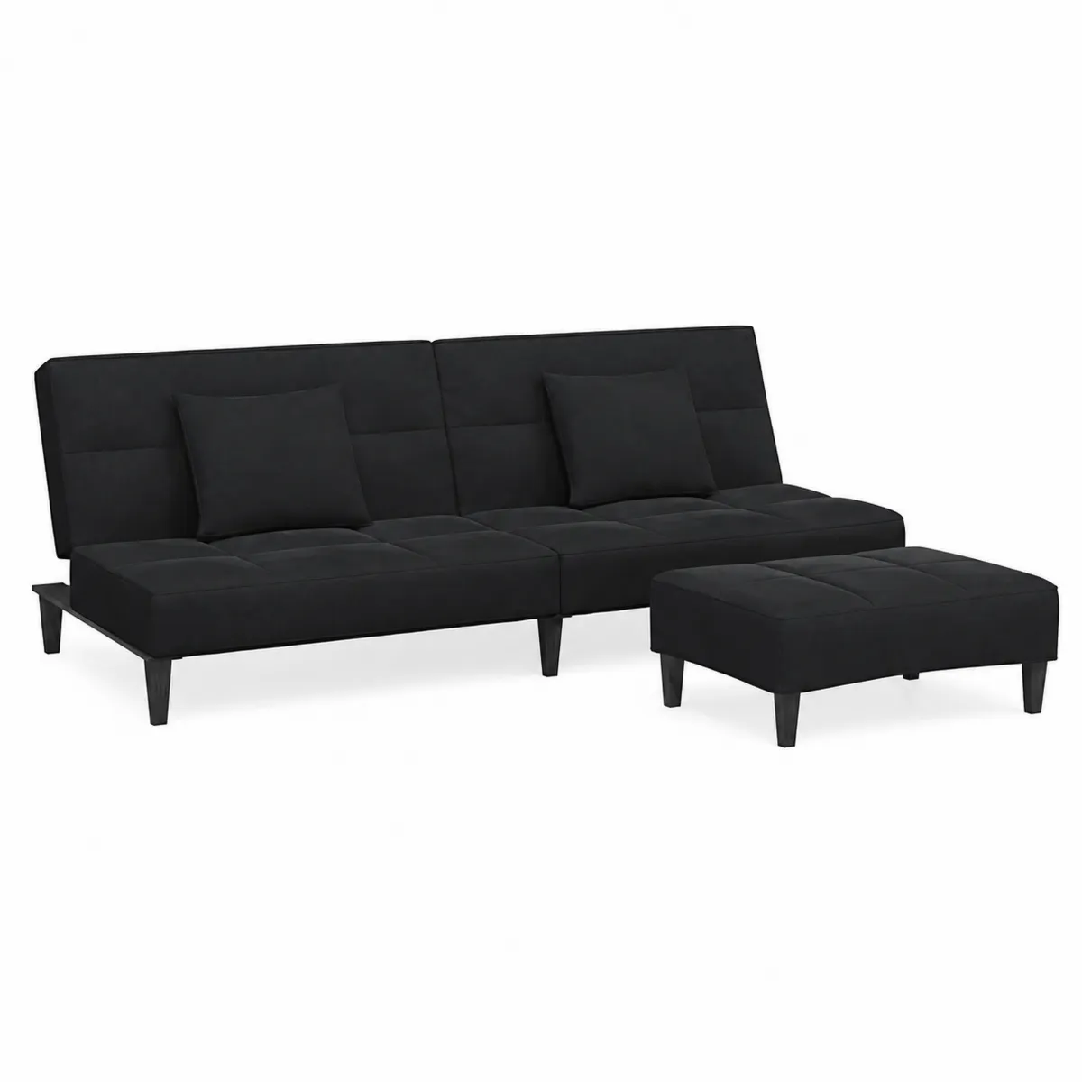 Canapé convertible en tissu noir avec ottomane et coussins
