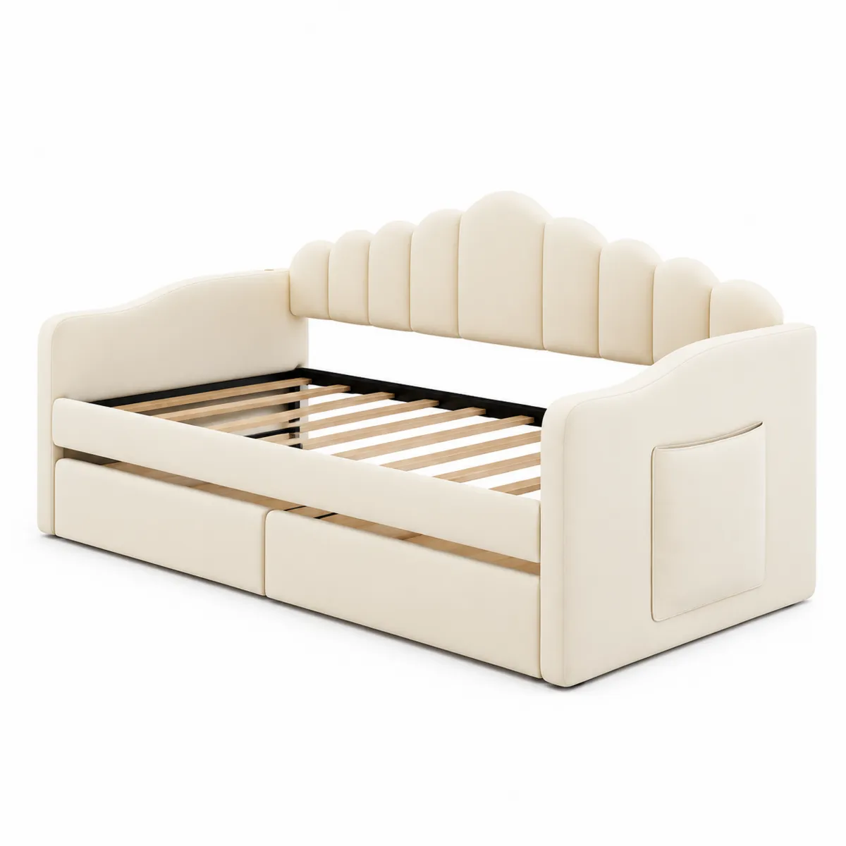Lit banquette en bois et simili cuir Crème avec tiroirs 200x90 cm