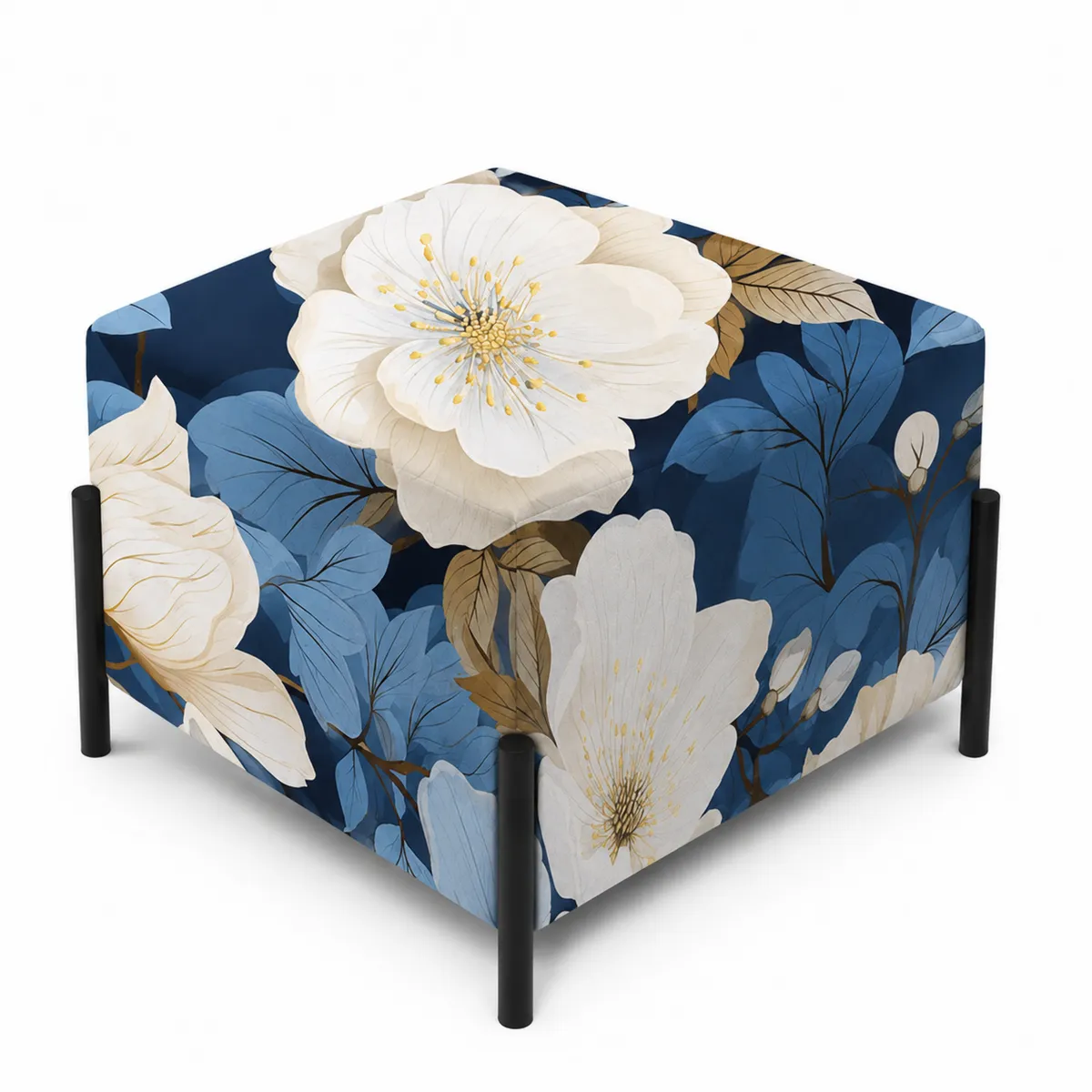 Pouf carré motif floral en métal et tissu Bleu