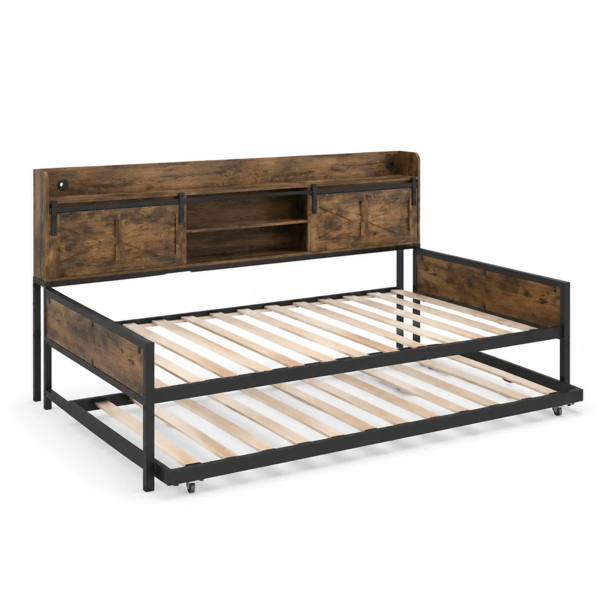 Lit gigogne en métal et bois avec rangements et étagères 200x90 cm