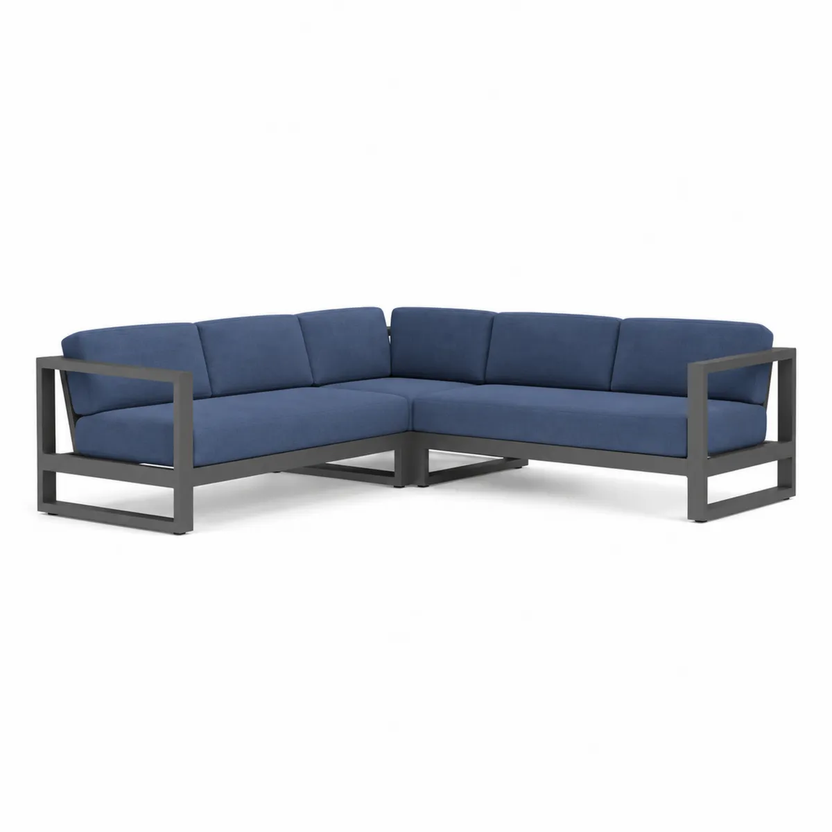 Canapé d'angle extérieur en métal avec coussins en tissu bleu