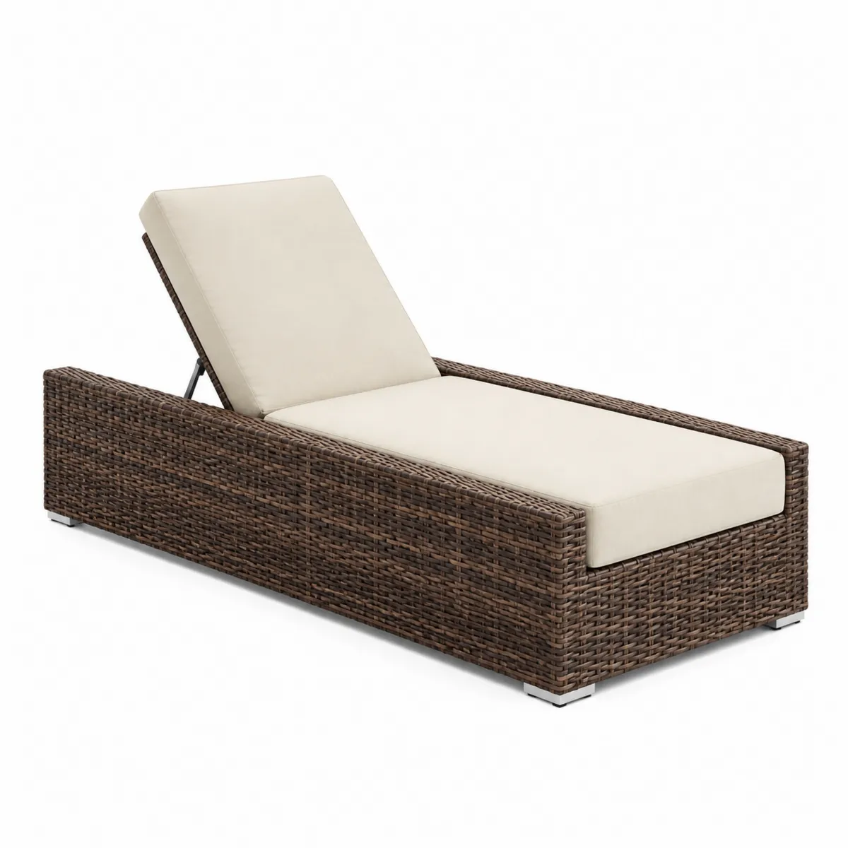 Chaise Longue Réglable en Résine Tressée Marron avec Coussins Beiges