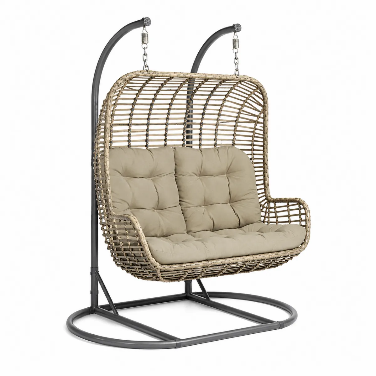 Balançoire Double en Rotin et Acier avec Coussin Beige