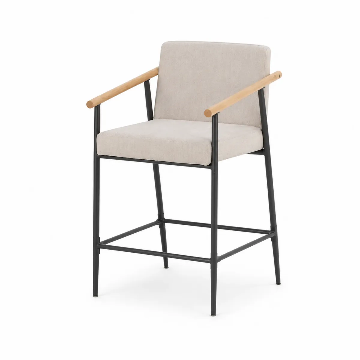 Tabouret de bar en métal avec accoudoirs en bois et tissu polyester beige