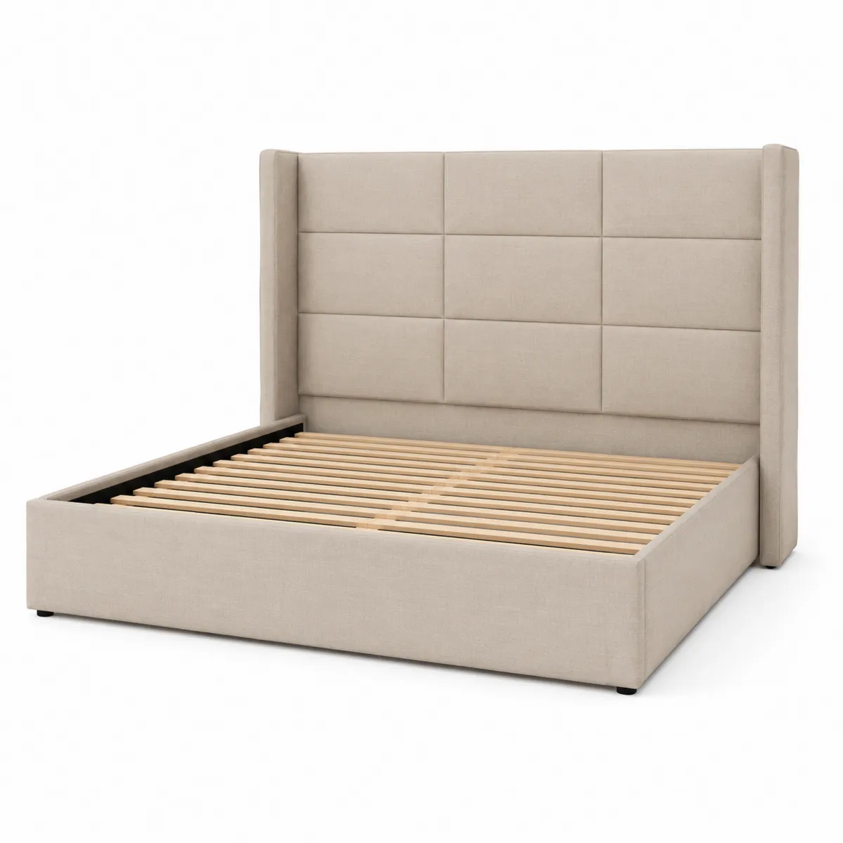Lit double en bois et tissu lin Beige 160x200 cm