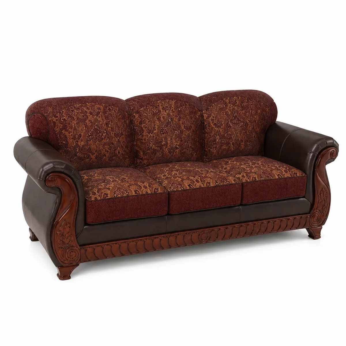 Canapé trois places en bois, tissu brodé et cuir synthétique marron